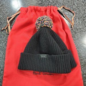 NWT Paul Smith black pom pom beanie hat & drawstring bag
